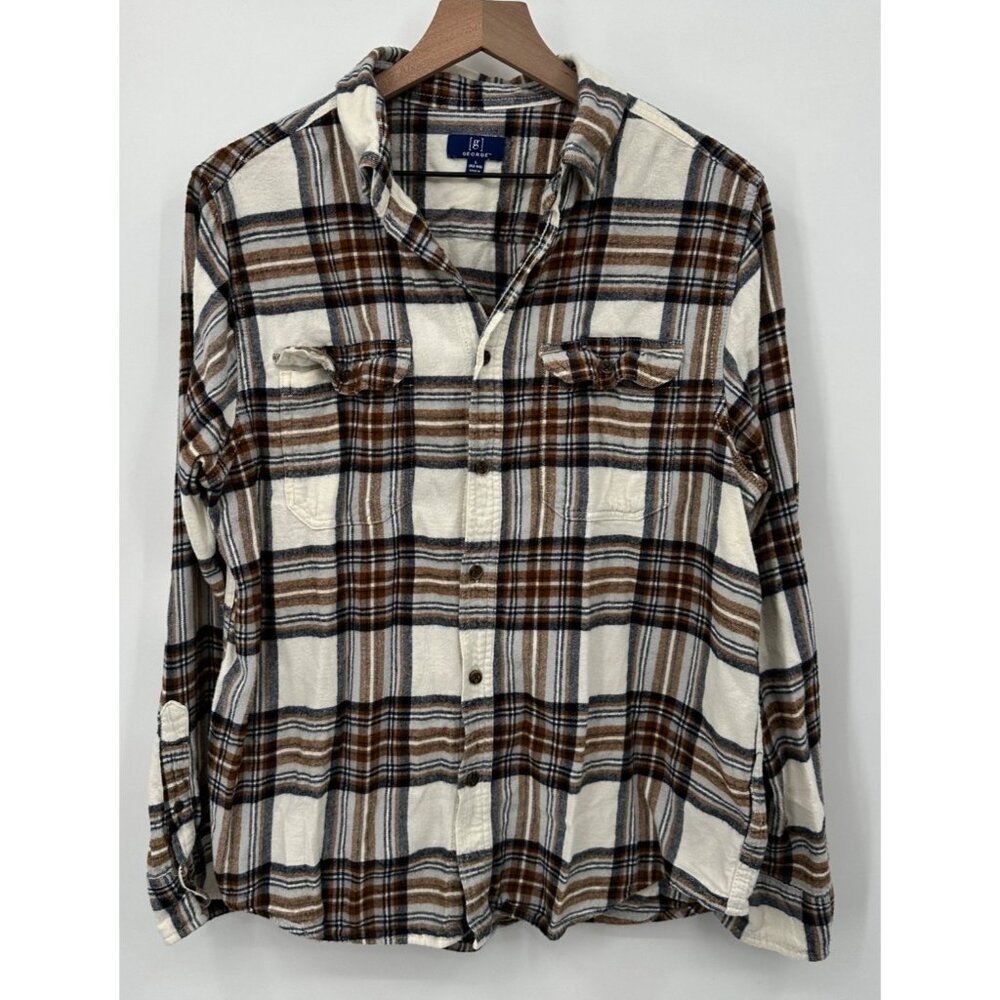 George Flannel Shirt Men Large White Brown Plaid Button Up Pockets Collared
